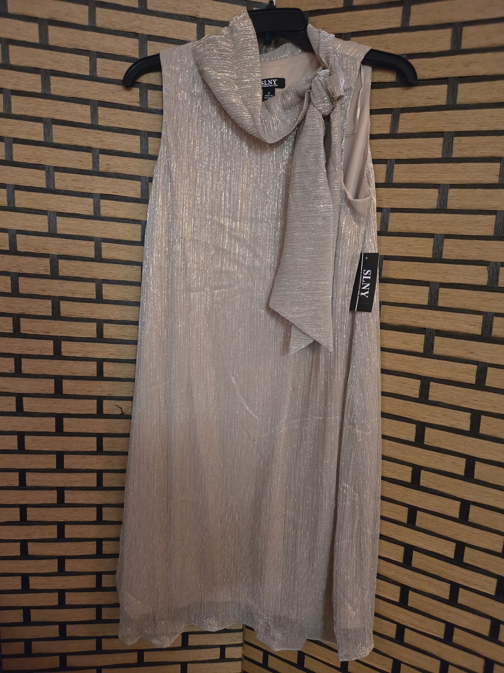 SLNY Metallic Champagne Midi Dress with Tie-Neck Detail